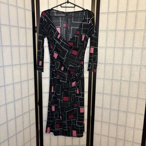 90s Vintage Black And Pink Geometric Formfitting Wrap Front Dress Size Small